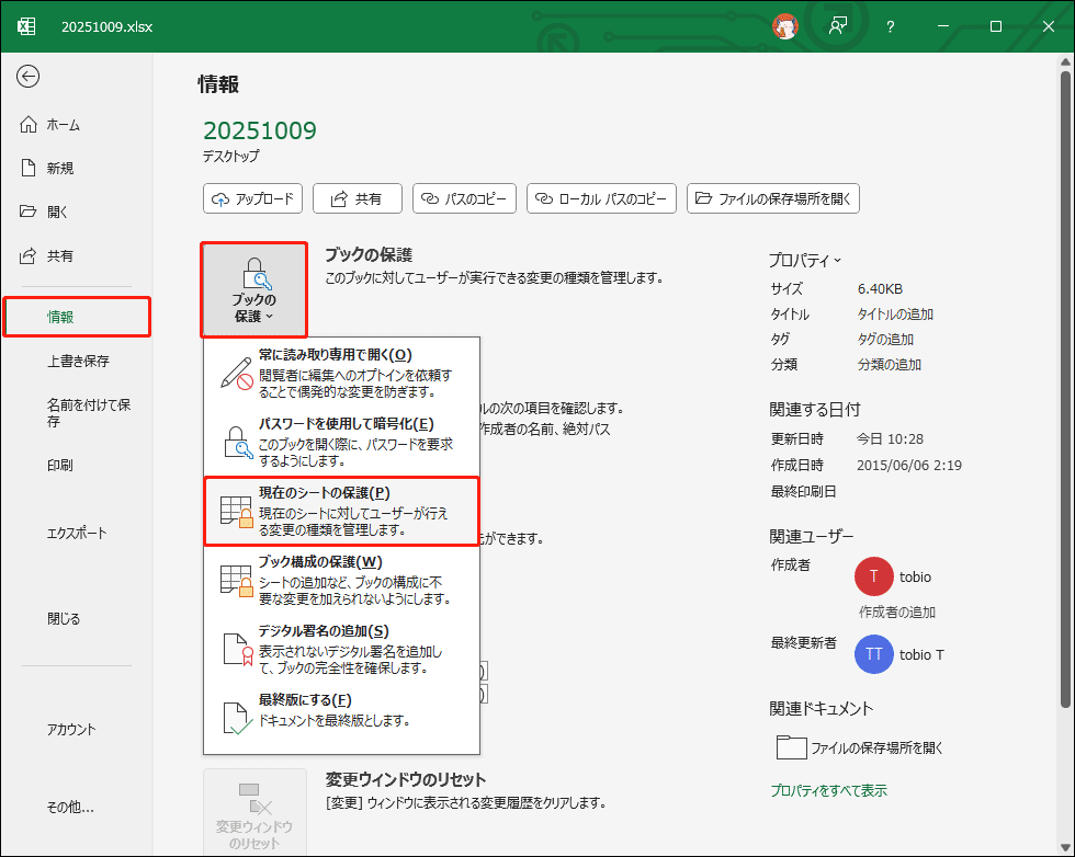 「ファイル」>「情報」に進み、「ブックの保護」から「現在のシートの保護」を選択
