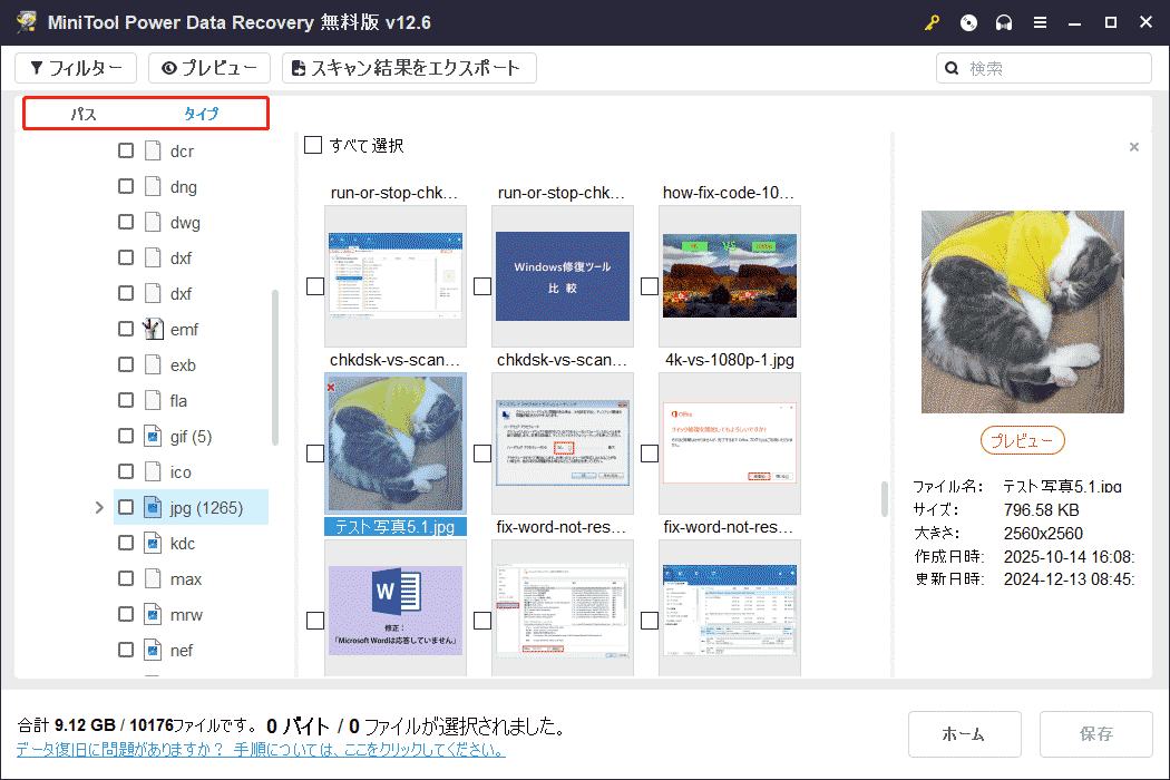 MiniTool Power Data Recoveryの「パス」または「タイプ」から必要なファイルを見つけ