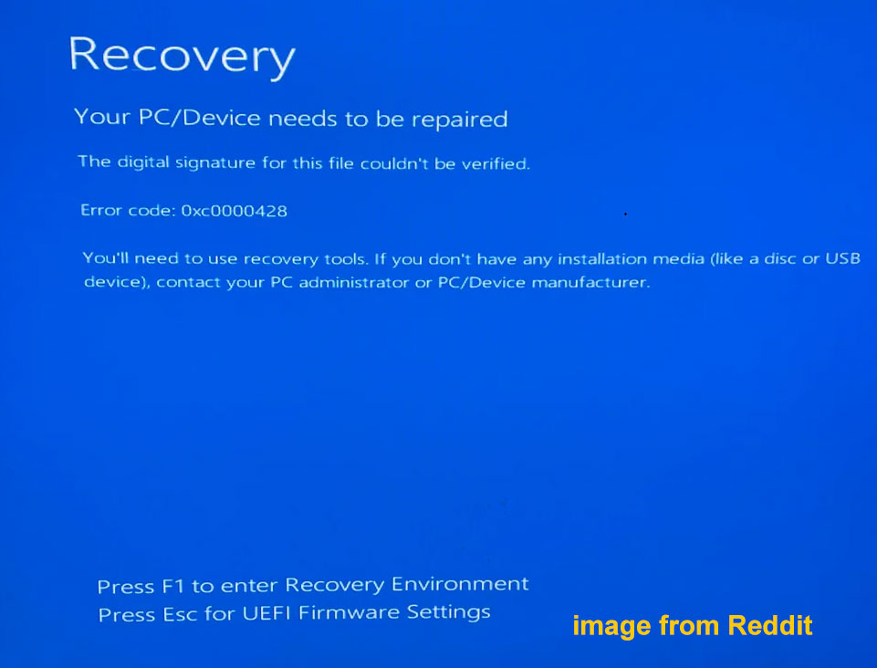 Windowsにエラーコード0xc0000428と2つの選択肢が表示されている画面