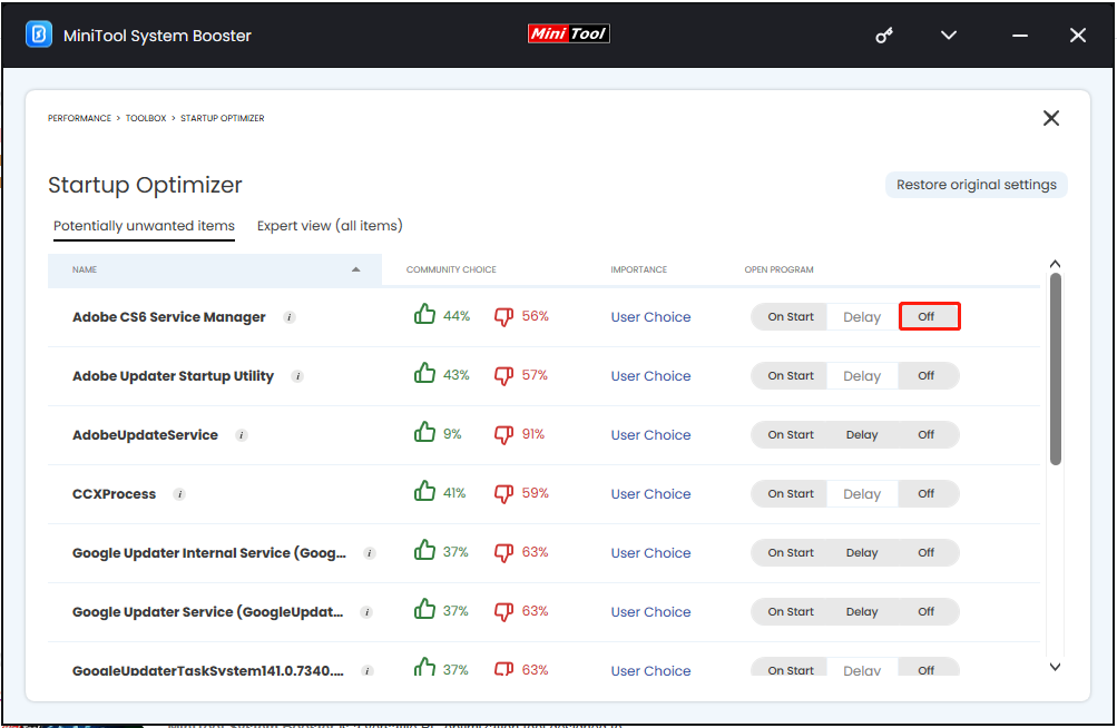 MiniTool System Boosterで不要なスタートアッププログラムをオフにした設定画面