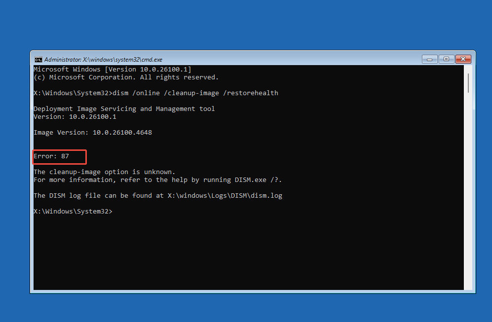 WinREでDISMエラー87が発生する画面