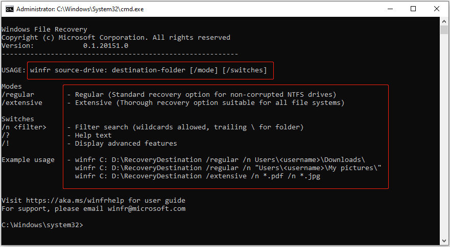 Windows File Recoveryのインターフェイス