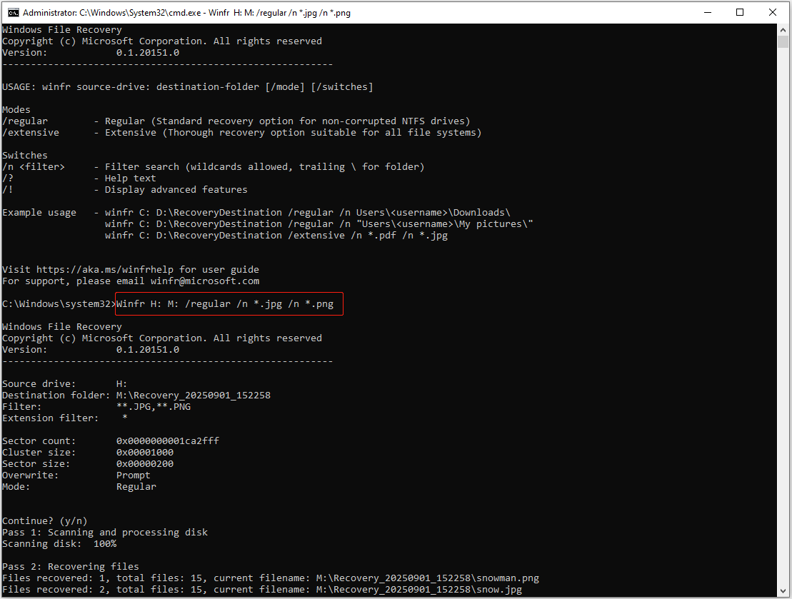 Windows File RecoveryのRegular（通常）モードでH:ドライブからM:ドライブにすべてのJPGおよびPNG写真を復元した事例図