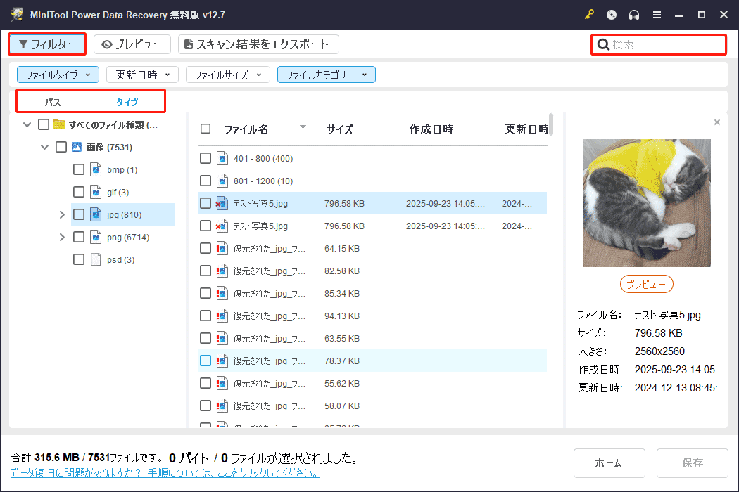MiniTool Power Data Recoveryの「パス」「タイプ」「フィルター」「検索」機能の位置