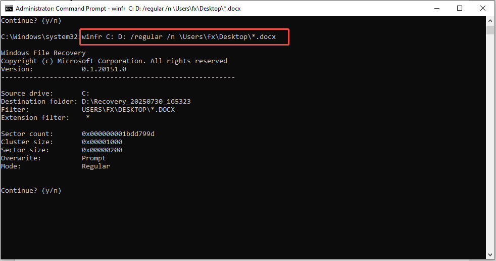 「winfr ソースドライブ: デスティネーションドライブ: [/モード] [/スイッチ］ ファイル名」コマンドを実行した画面