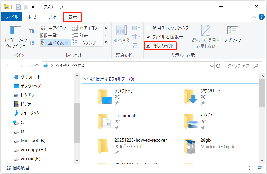 エクスプローラーの「隠しファイル」オプションがチェックされた状態