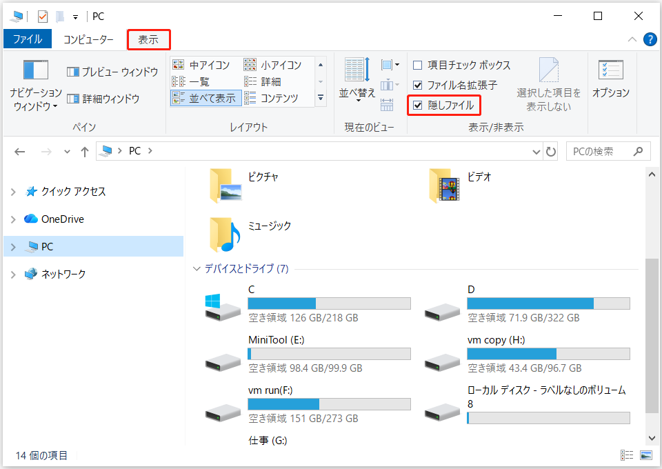 エクスプローラーで「隠しファイル」がチェックされた状態