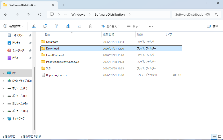 SoftwareDistributionフォルダでDownloadをクリックしている様子
