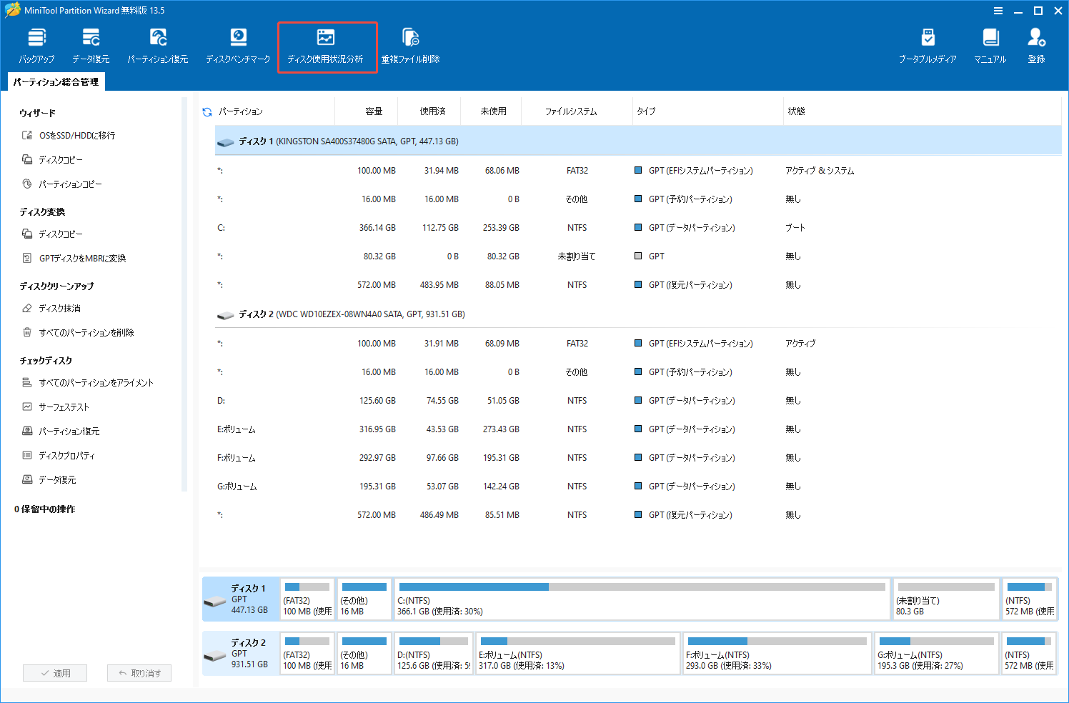 MiniTool Partition Wizardのメインインターフェイスで「ディスクの使用状況分析」を選択する様子