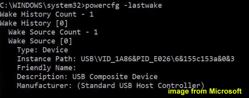 コマンドプロンプトでpowercfg –lastwakeと入力している様子