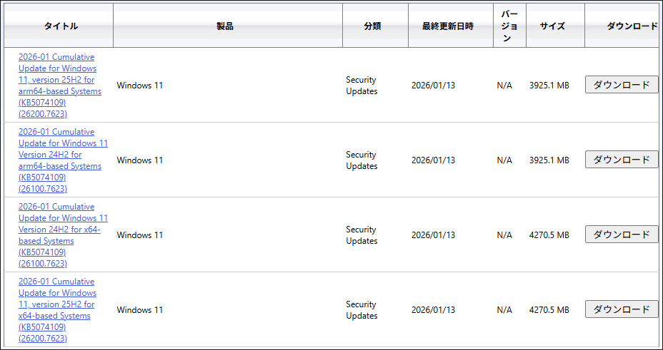 Microsoft Updateカタログで更新プログラムをダブルクリックしている様子