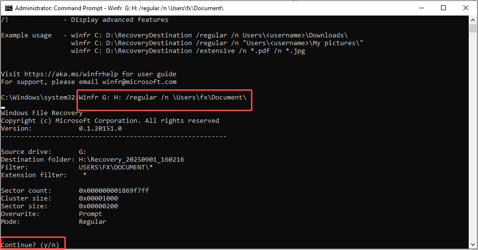 Windows File Recoveryで通常モードを使用してGドライブからHドライブにドキュメントを復元する画面