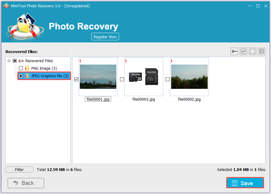 MiniTool Photo Recoveryで復元したいファイルが選択された状態
