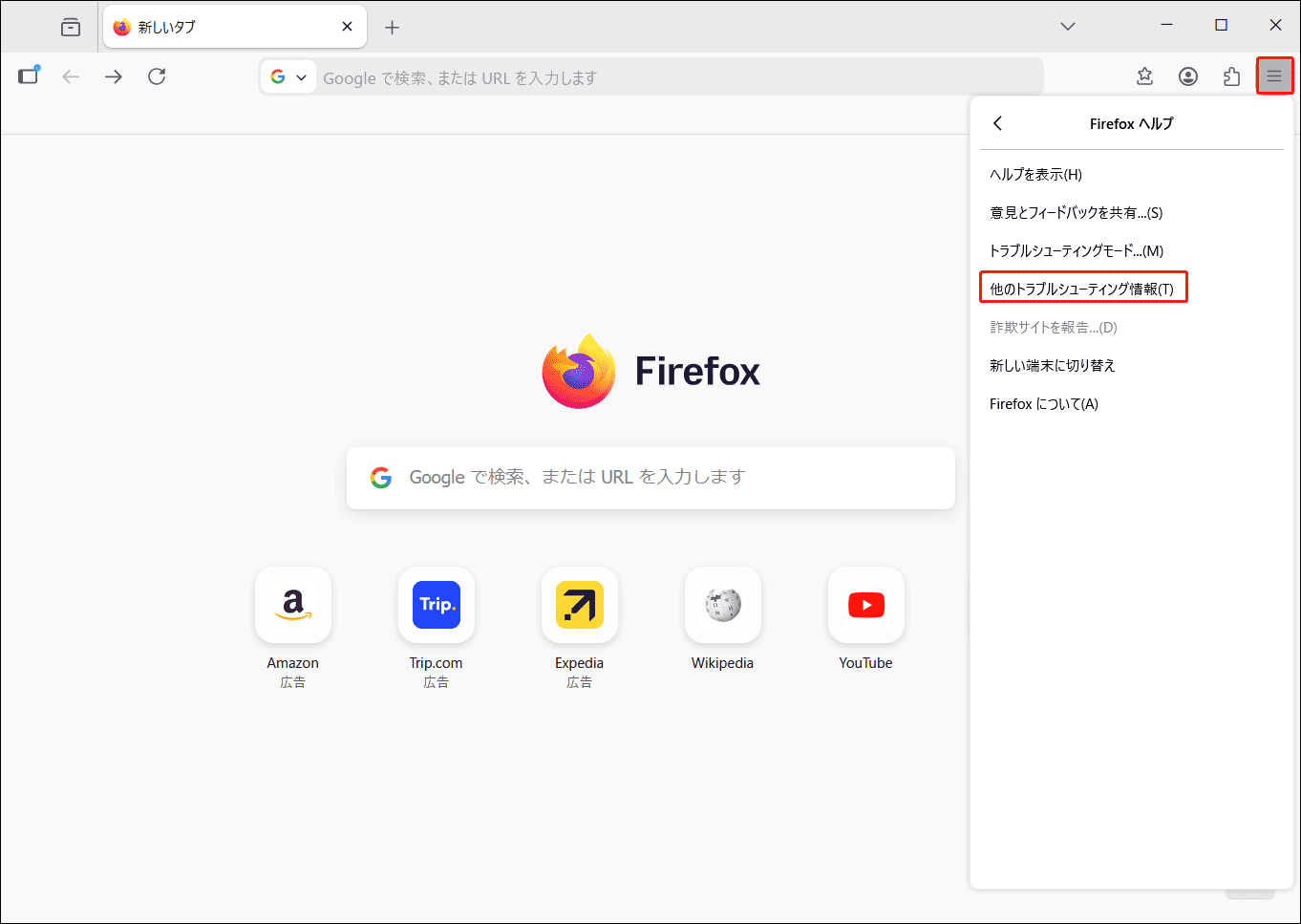 Firefoxの「他のトラブルシューティング情報」オプション