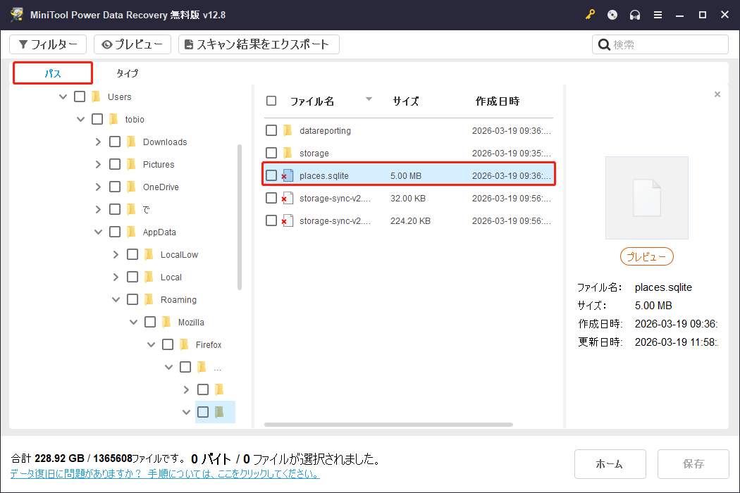 MiniTool Power Data Recoveryの「パス」タブが展開された状態