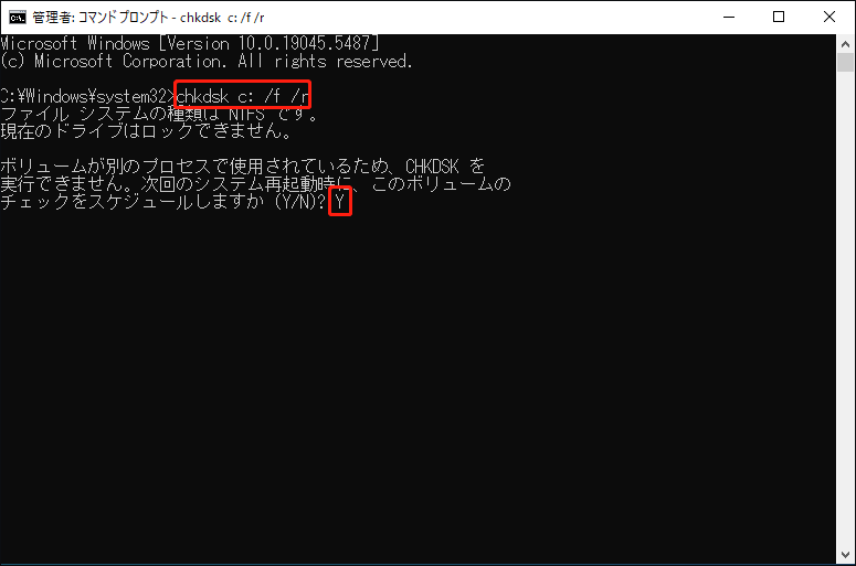 コマンドプロンプトでYと入力している様子