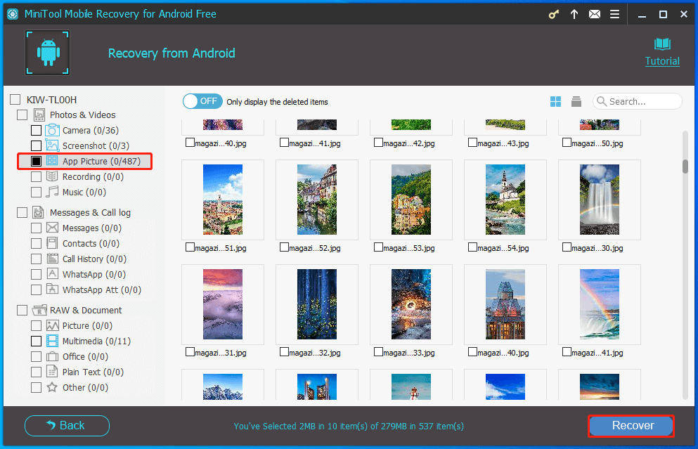 MiniTool Mobile Recovery for Androidで写真がチェックされた状態