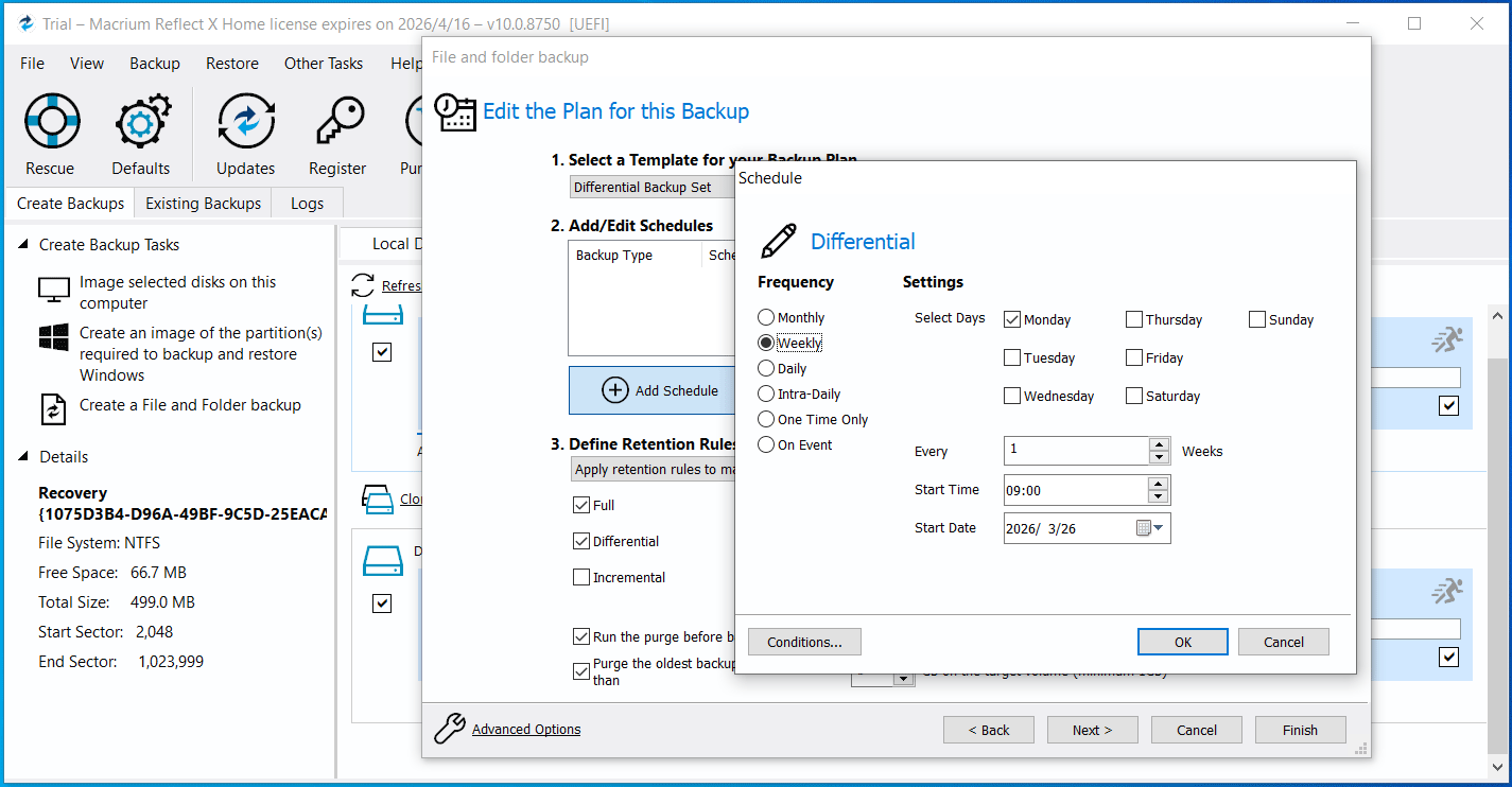Macrium Reflectで差分バックアップを設定している様子