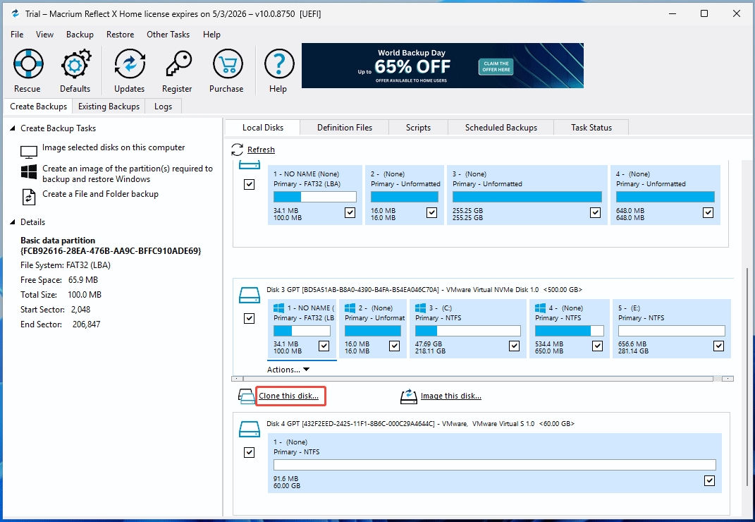 Macrium Reflect X Homeで「ディスククローン」をクリックしている様子