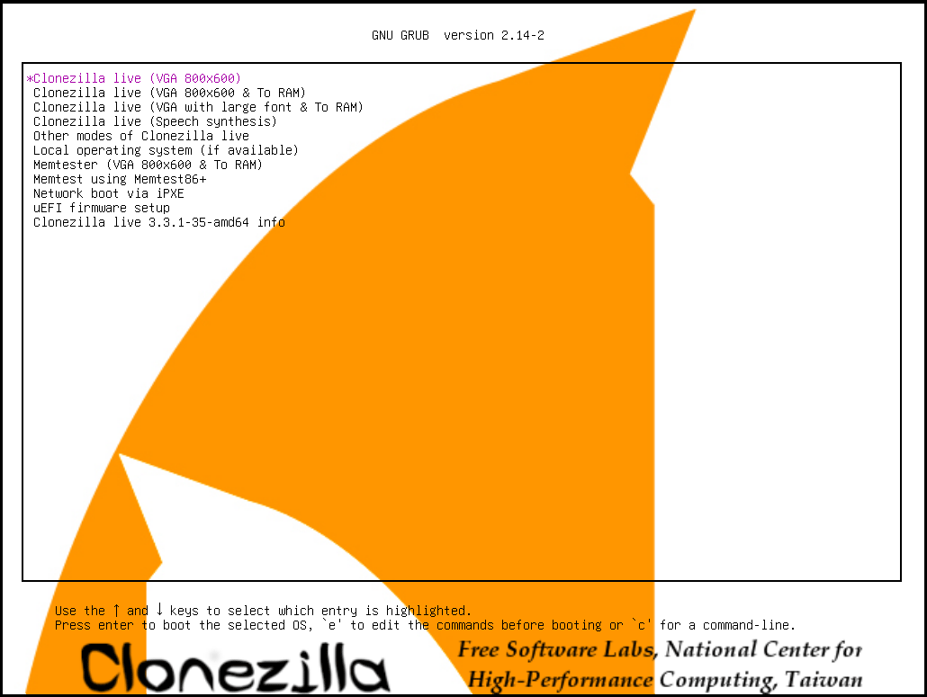 複数の機能を備えたClonezillaのインターフェイスが表示される画面
