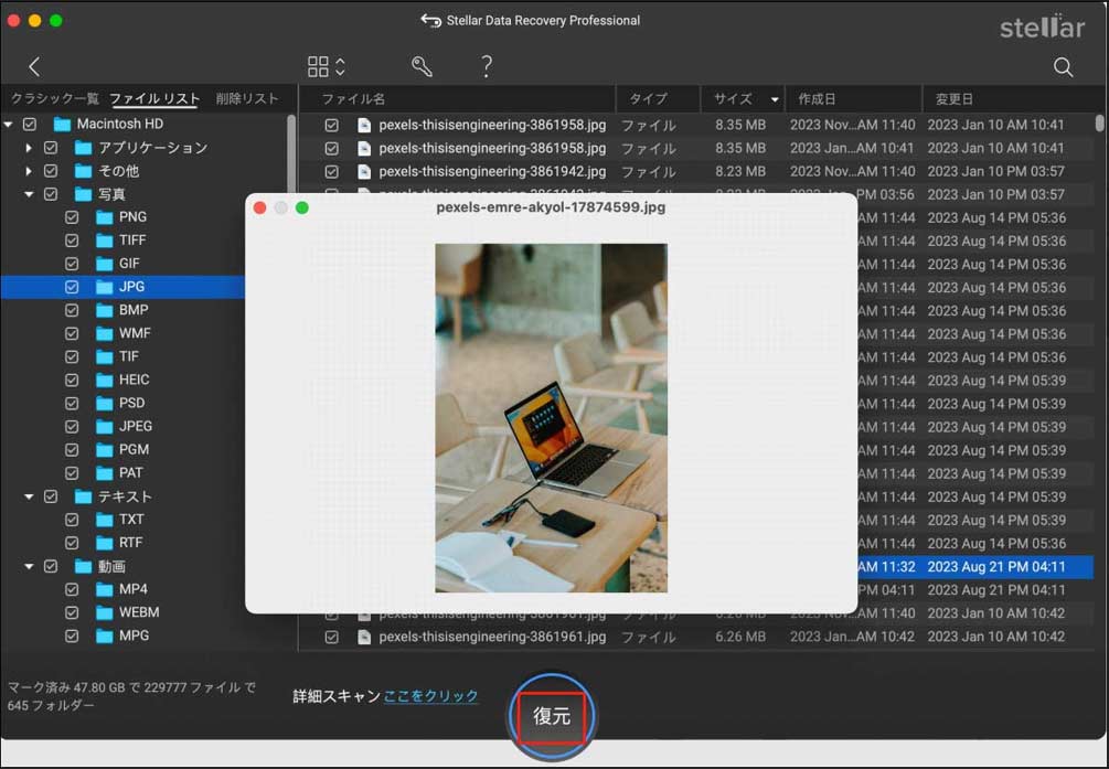 Stellar Data Recovery for Macで復元ボタンをクリックしている様子