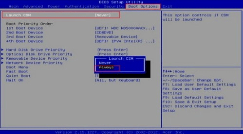 BIOSでLaunch CSMを選択している様子