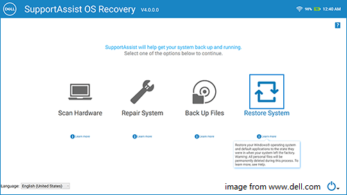 Dell SupportAssist OS Recoverのメインインターフェイスが表示される画面