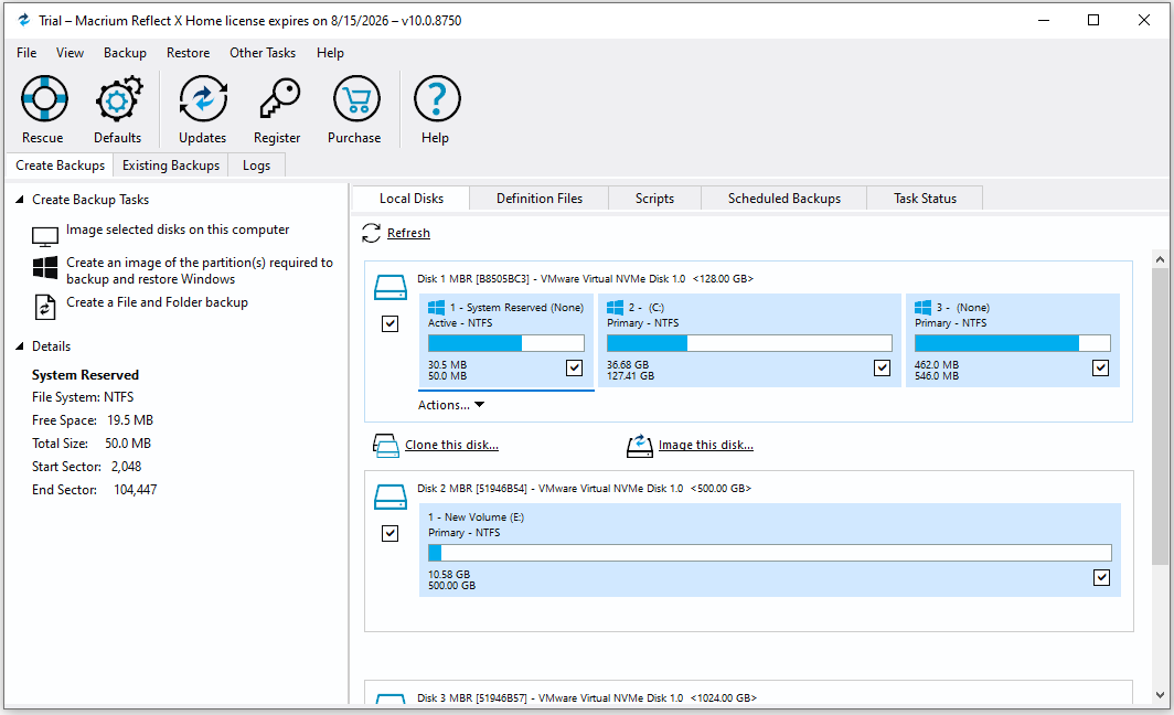 Macrium Reflectのメイン画面
