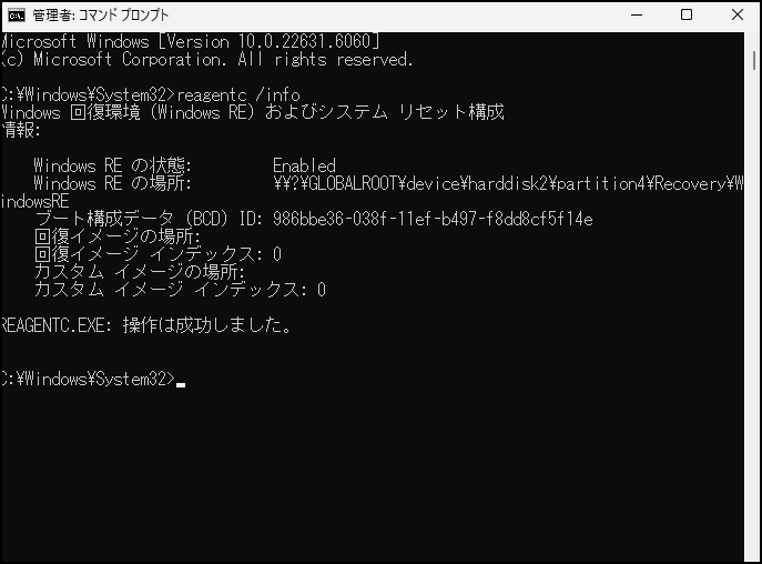 コマンドプロンプトで「reagentc /info」と入力する画面