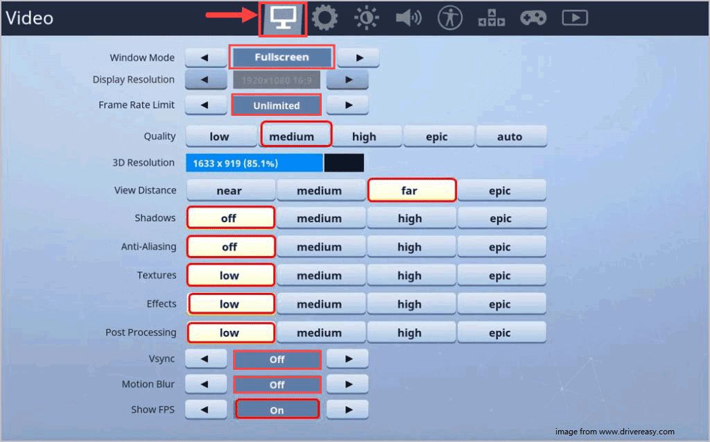 PC版フォートナイトでゲームの設定を変更する画面