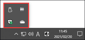 Windowsでタスクバーの上向き矢印アイコンをクリックする画面