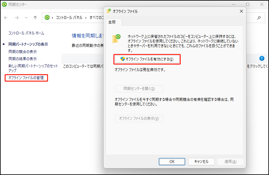 Windows 11で「オフラインファイルを有効にする」をクリックする画面