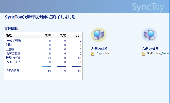 SyncToyで実行結果を確認する画面