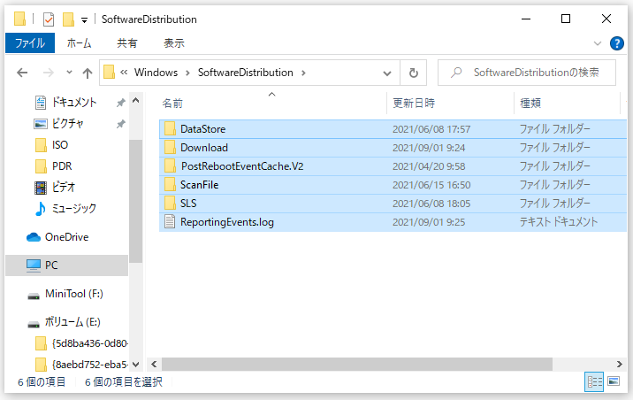 SoftwareDistributionフォルダですべての内容を削除する画面