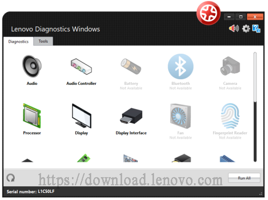 Lenovo Diagnostics Windowsのメインインターフェース