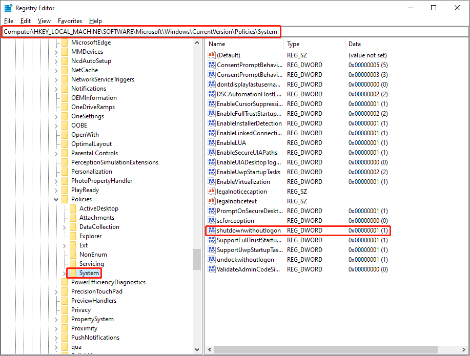 select the shutdownwithoutlogon subkey