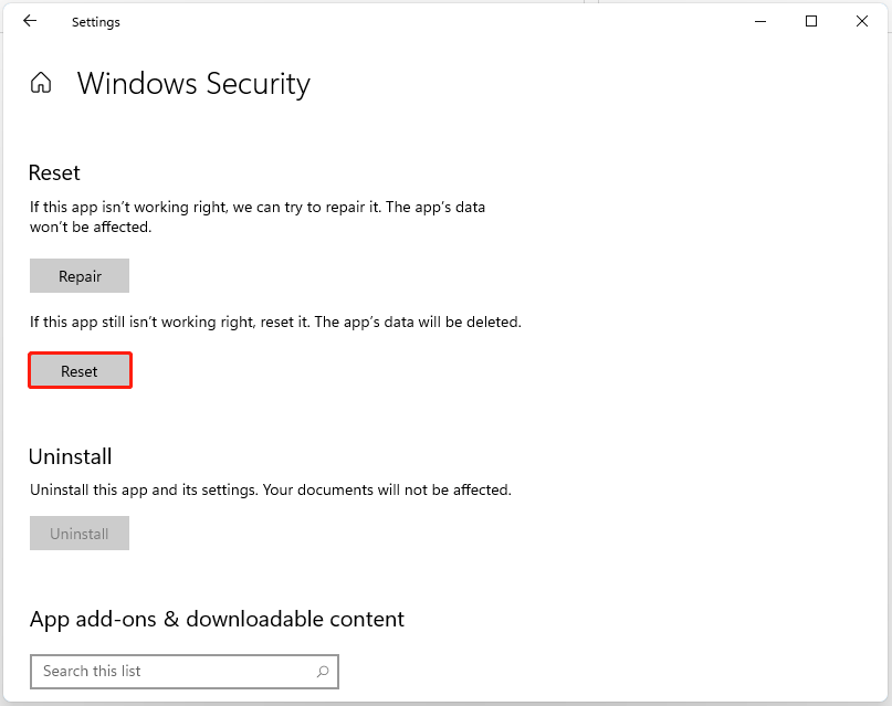 reset Windows Security