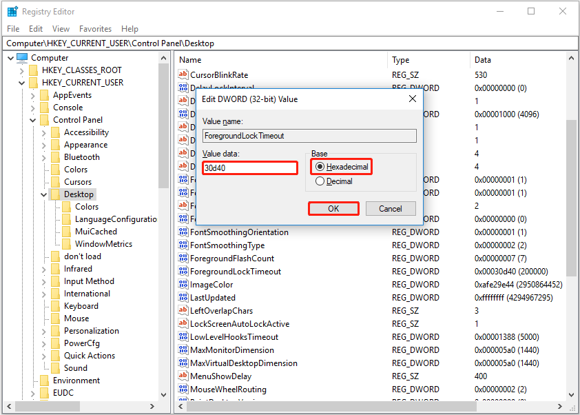 set up the value data to 30d40