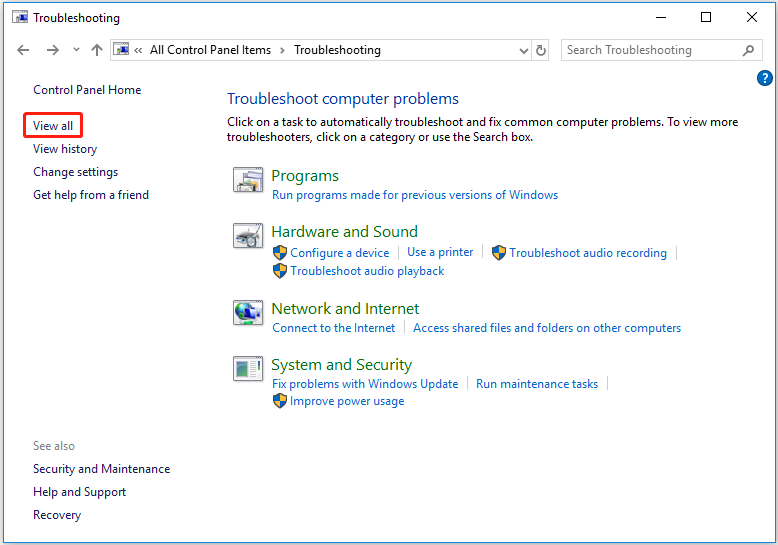 select to view all troubleshooters