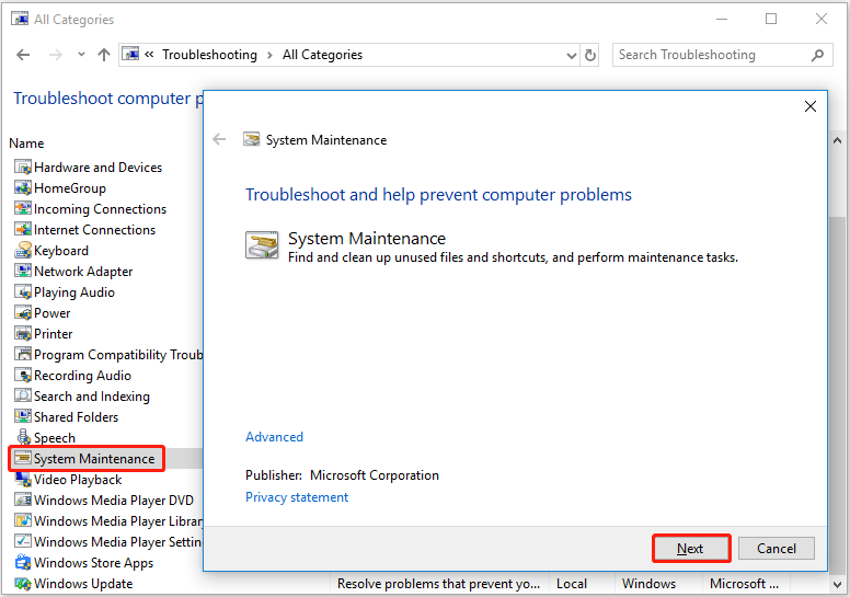 run the System Maintenance troubleshooter