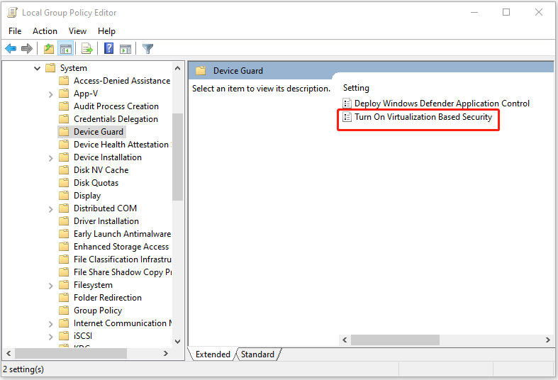 click Turn On Virtualization Based Security