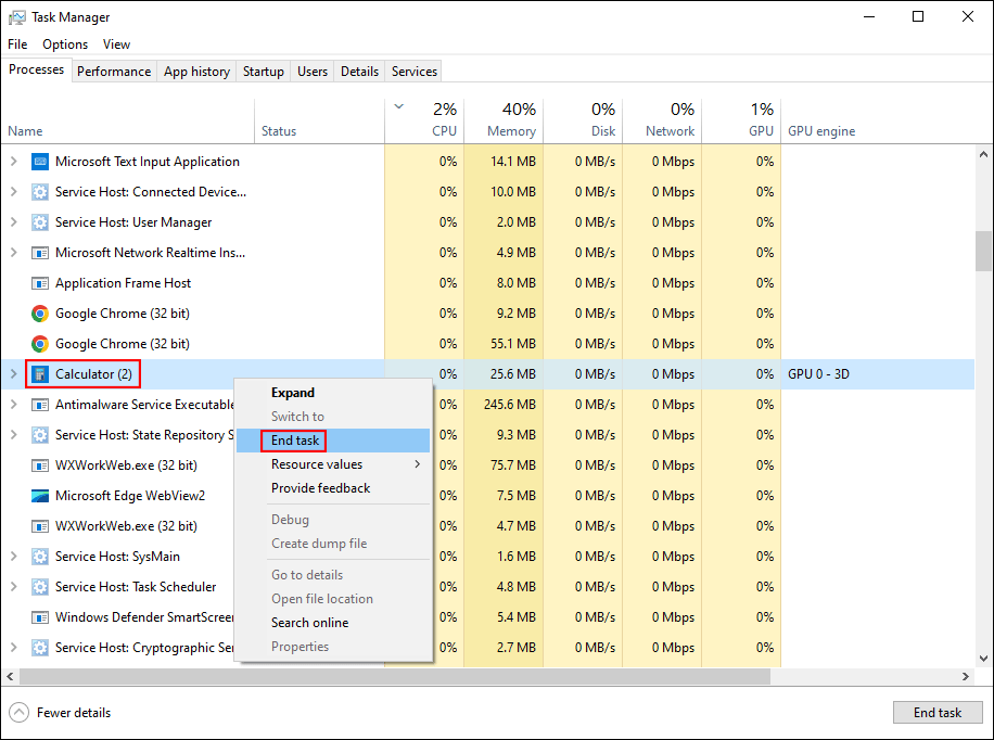 end the calculator process