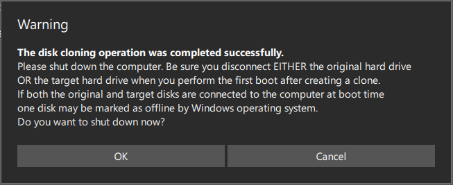 the disk cloning operation was completed