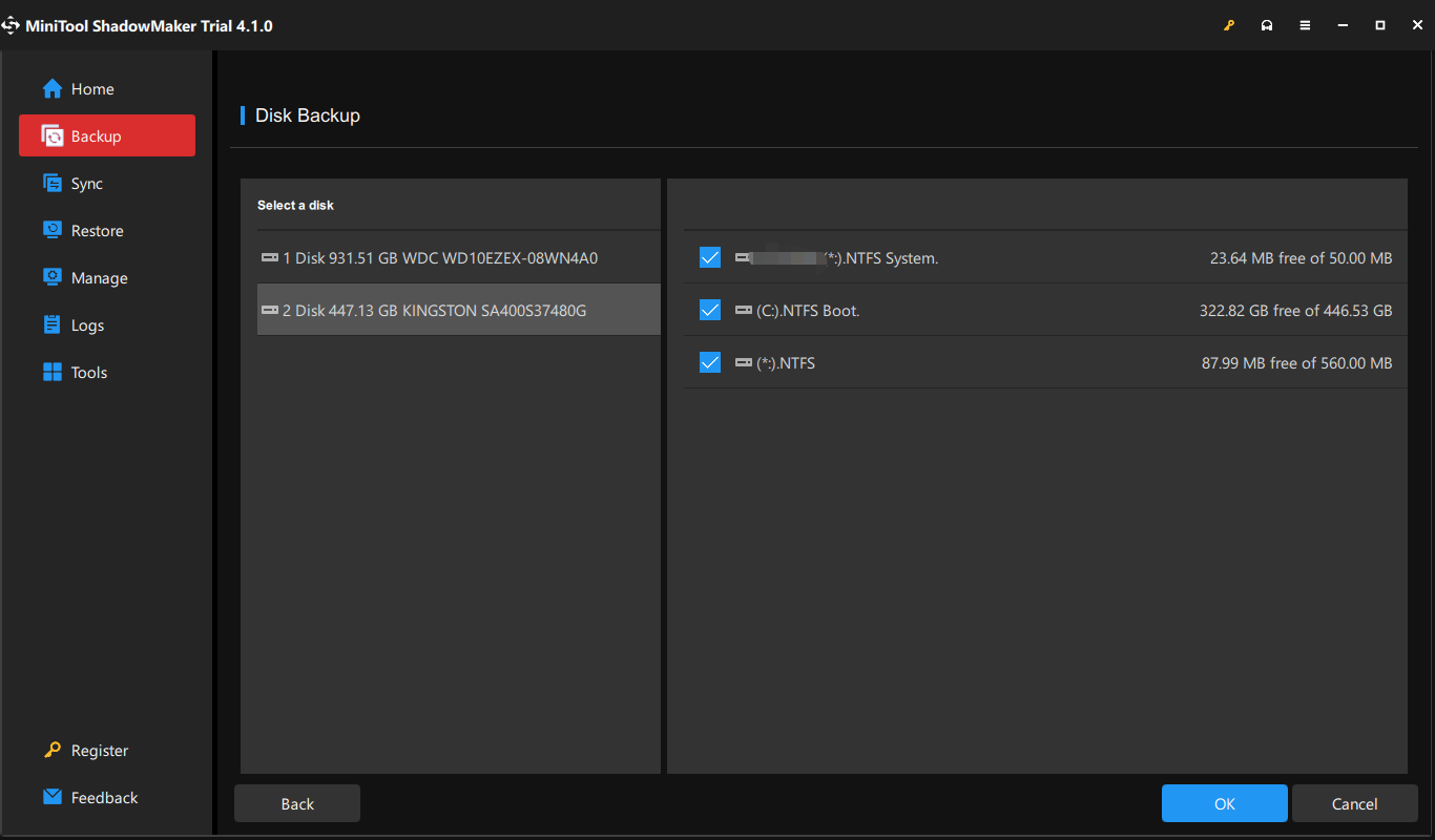 check all the partitions for disk backup