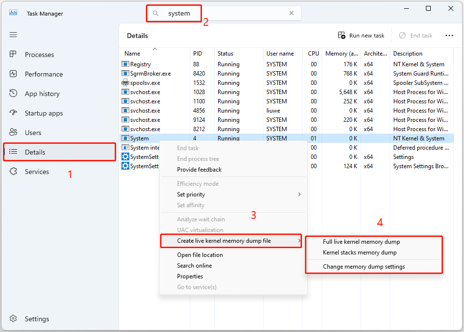 create live kernel memory dump file using Task Manager