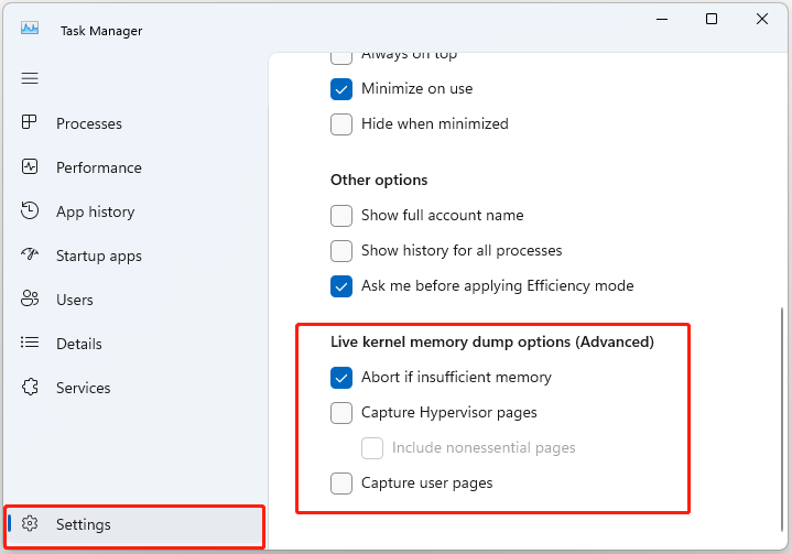 Live kernel memory dump options (Advanced)