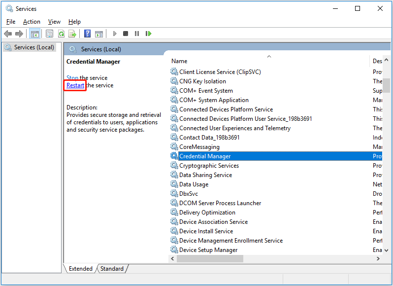 restart the Credential Manager service