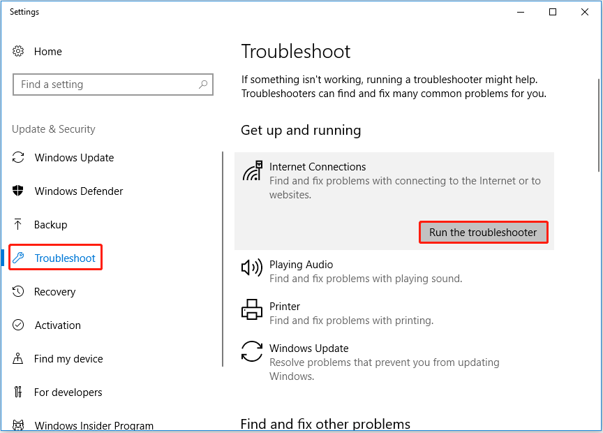 run the Internet Connections troubleshooter