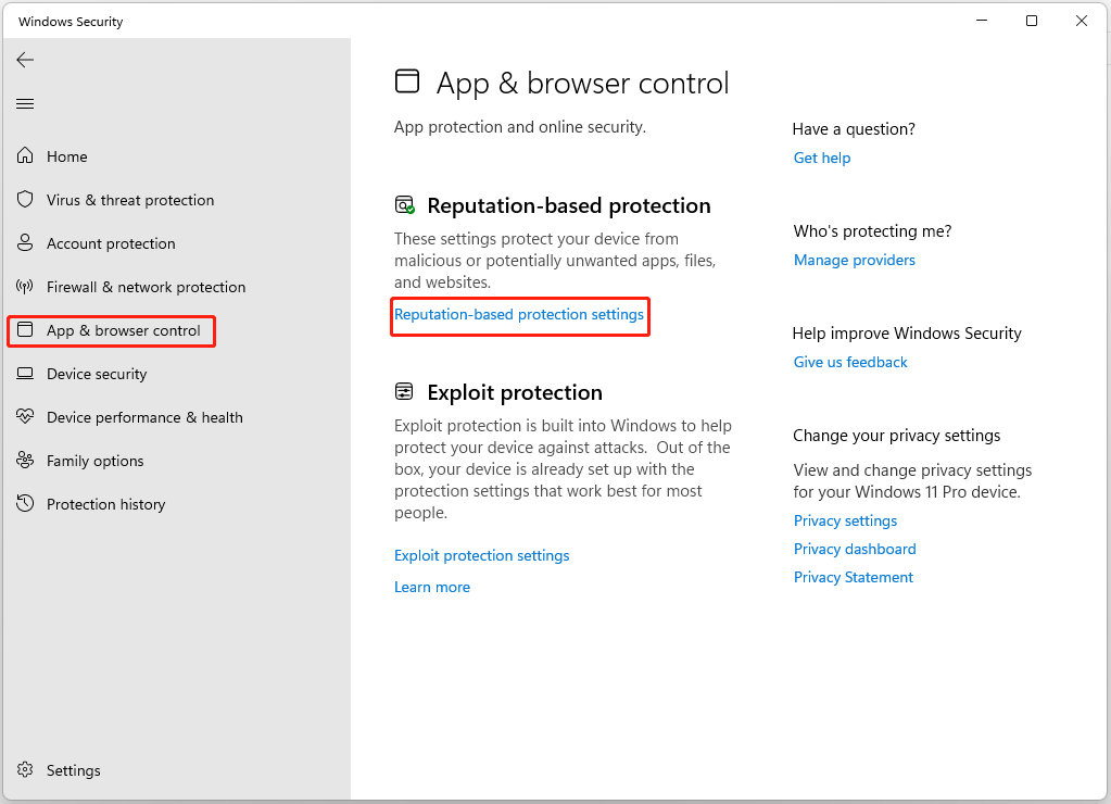 click Reputation-based protection settings