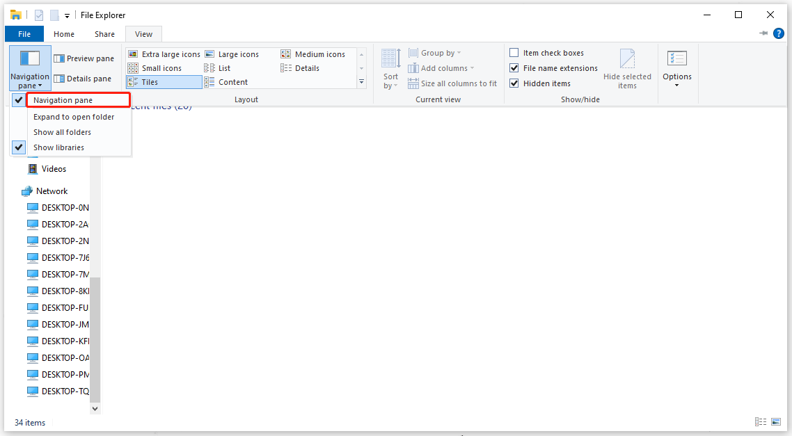 tick Navigation pane